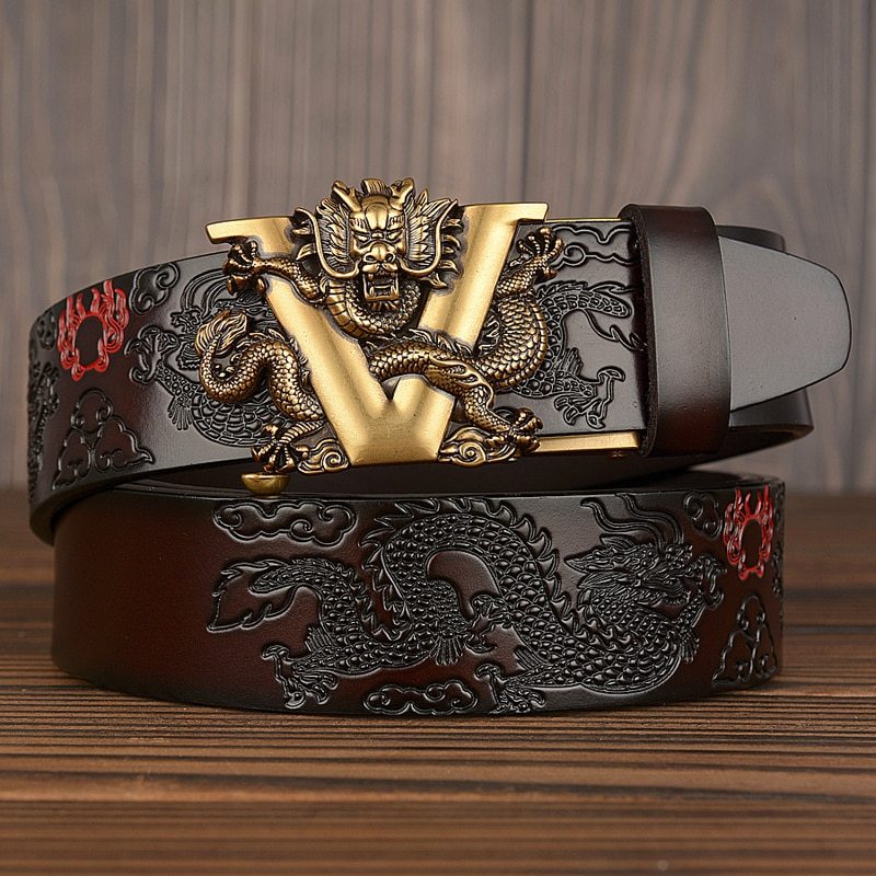 men's dragon print leather belt